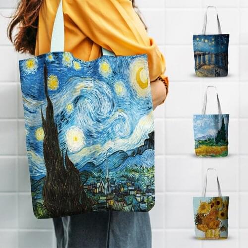 Trendy Retro Art Classic Women Canvas Tote Bag Famous Van Gogh Oil Painting Shoulder Bag High Quality Leisure ECO Shopping Bag