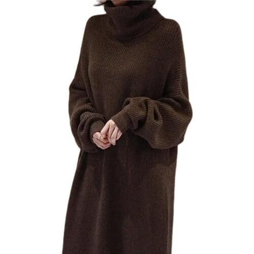 Fashion Womens Clothing Sweater 2021 Plus Size Sweater Dress Over The Knee High Neck Thick Loose Pullover Sweater Women Dress