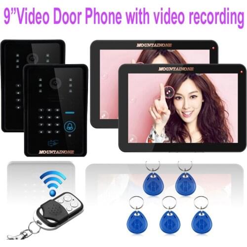 MOUNTAINONE home security intercom system 2X9"display screen with TF Card slot+2X1000TVL OutdoorCamera with FRID Panel in stock