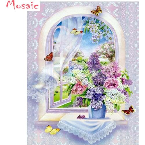 DIY Diamond Painting Cross Stitch Kit Lilac Butterfly Vase Flower Square 5D Diamond Embroidery Needlework Diamond Mosaic Crafts
