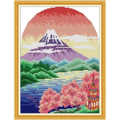 Joy Sunday Cross Stitch Fuji Mountain Needlework Sets for Full Embroidery Scenery Kits Canvas 14CT DIY Home Decor Stamped Crafts