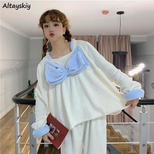 Pajama Sets Autumn Patchwork Sweet Students Sleepwear Loose Outerwear Kawaii Korean Style Bow Ulzzang Cozy Mujer Feminine Daily