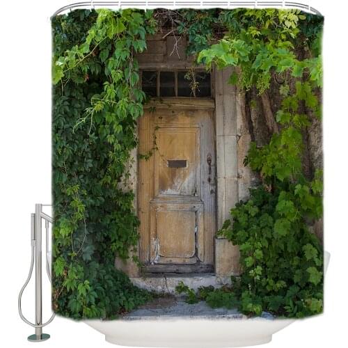 Provence Door Covered with Green Vines Extra Long Fabric Bath Shower Curtains Bathroom Decor Sets with Hooks