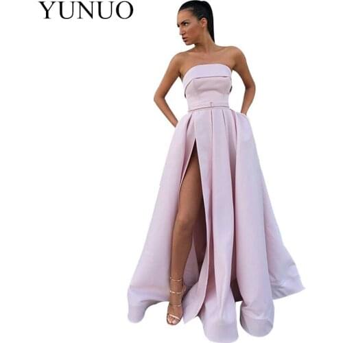 YuNuo A-line Strapless Pink Prom Dresses with High Leg Slit Simple Elegant Long Satin Formal Gowns Women Party Gowns N23