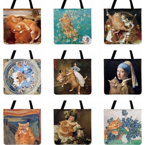 Ladies Shoulder Bag Classical Art Cats And Figures Painting Printed Tote Bag Women Casual Tote Outdoor Beach Bag Shopping Bag