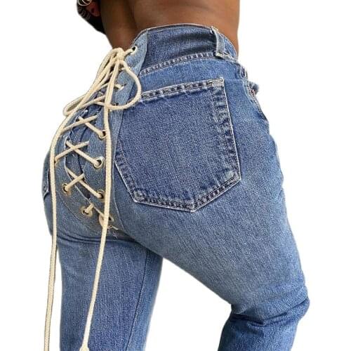2021 Women Denim Pants Fashion Strip Bandage Bodycon Outfit Lace Up Jeans Wear