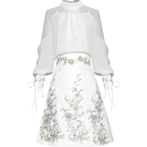 Women Clothing New Arrivials Two Pieces Set Lantern Sleeve Sheer Blouses + Floral Embroidery High Waisted Skirt