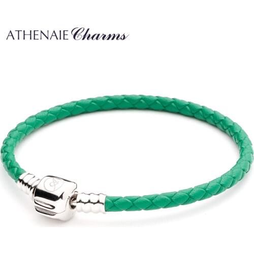 ATHENAIE Green Single Braided Leather 925 Sterling Silver Charm Bracelet Fit Charms Beads for Women