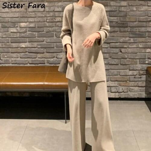 Sister Fara 2021 Autumn Winter Knitting Sweater Two-piece Suit Women+High Waist Elastic Loose Wide Leg Pants Female Casual Set