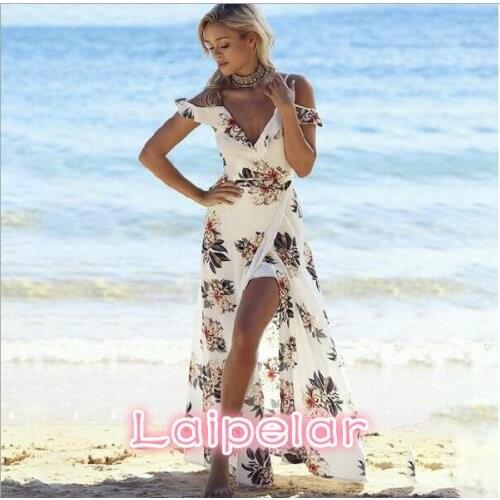 Women Floral print ruffles long Women strap v neck split beach summer Off the shoulder vestidos Clothes Laipelar