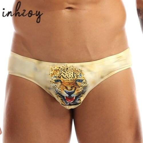 1Pcs Men Ice Silk Sexy 3D Pouch Briefs Swim Trunks Bikini Bottoms Leopard Underwear