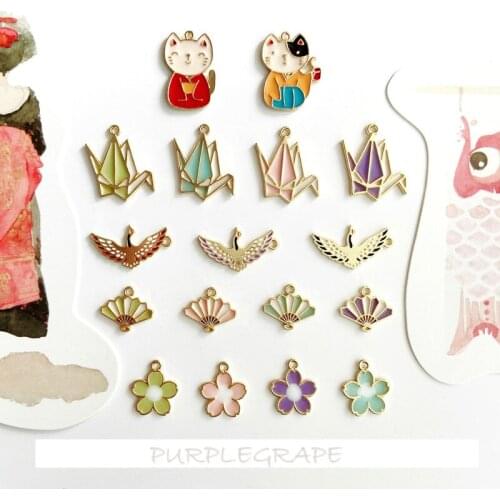 6pcs DIY alloy drop oil jewelry Japanese style beckoning cat thousand paper crane folding fan cherry pendant material