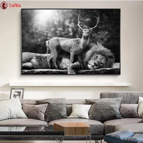 Diamond Embroidery Black and white animal art, lion, deer 5D DIY Diamond Painting Diamond Mosaic needlework living room decor