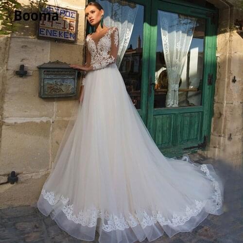 Booma Champagne Beach Wedding Dresses Lace Appliques Tulle Bridal Gown Long Sleeve illusion Boho Wedding Gown Plus Size 2020