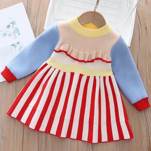 Childrens baby knitted sweater dress 2021 autumn new little girl knitted Long Sleeve Striped Dress Baby Clothes