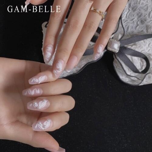 GAM-BELLE French Ribbon Pattern False Nails With 3D Pearl Designs Ballerina Full Fake Nail Tips Press On Nails Manicure Tools