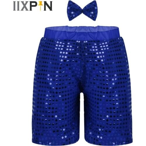 IIXPIN Jazz hiphop costume Kid Boys Girls dance costume Glittery Sequined Shorts with Bow Set for Choir Jazz Dance Stage costume