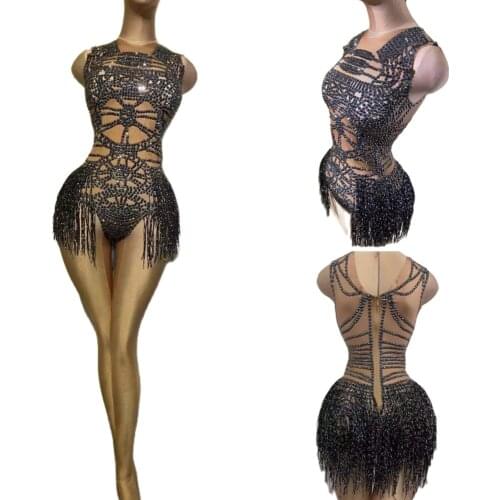 Black Tassel Bodysuit Rhinestone Jumpsuit Women Sparkling Crystal Outfit Party Latin Dance Club Stage Catwalk Show Costume