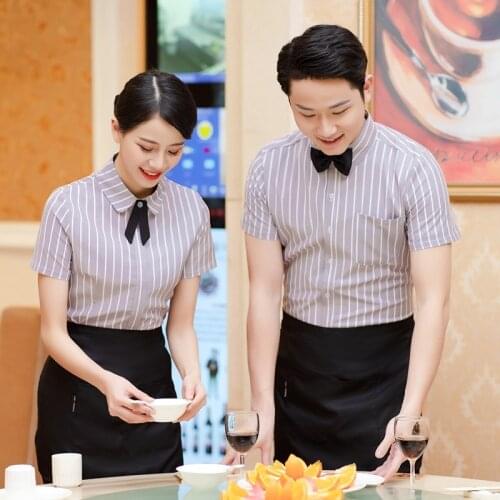 Waiter Overalls Short-sleeved Hotel Chinese Tea Restaurant Uniform Shirt Catering Hot Pot Shop Summer Waitress Overalls H2215