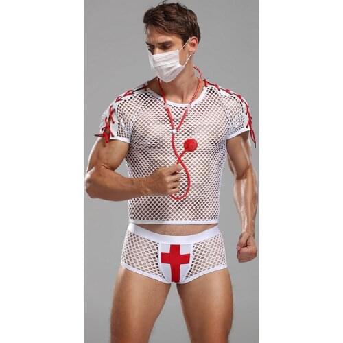 3-piece Set White See Through Fishnet Cosplay Outfit Male Night Club Carnival Party Game Wear Doctor Halloween Costume For Men