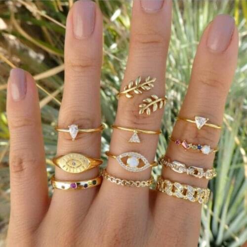 11 Pcs/set Vintage Women Evil Eye Olive Branch Rings Set Crystal Crown Fashion Ring for Women Geometric Finger Wedding Jewelry