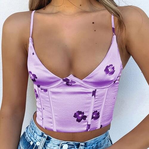 Womens Corset Top Fashion Flower Print Women Tops Summer Casual Gothic Clothes V-neck Sleeveless Short Open Back Vest Корсет