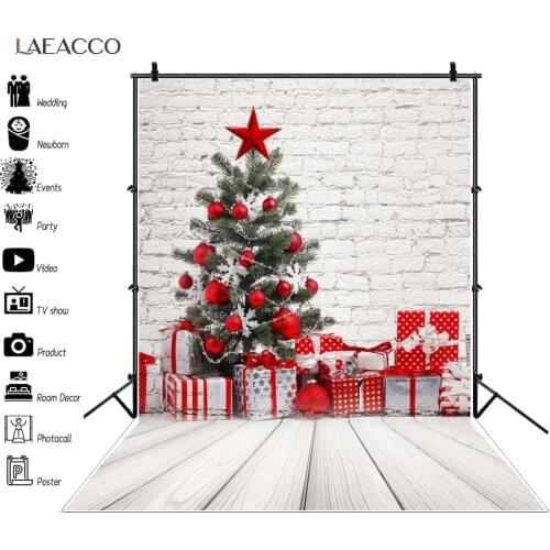 Laeacco Gray Brick Wall Christmas Tree Wooden Board Gift Child Portrait Backgrounds Photography Backdrops Photocall Photo Studio