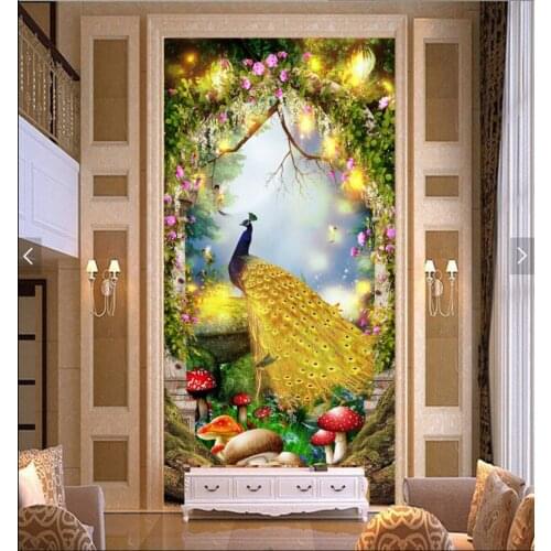 Custom mural 3d photo wallpaper Fairy tale golden peacock porch home decor 3d wall murals wallpaper in the living room