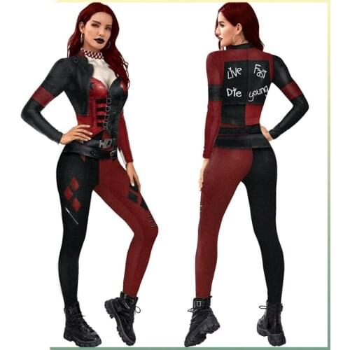 2021 New Halloween Cosplay Costume for Womens Joker Printed Long Sleeves Bodysuit Carnival Party Halloween Club Slim Jumpsuit