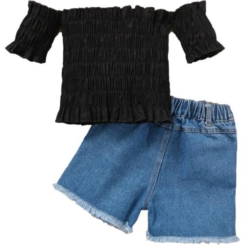2 Pcs Infant Solid Color Outfits, Baby Girls Clothes Off Shoulder Smocked Short Sleeve Pullover + Frayed Raw Hem Ripped Jeans