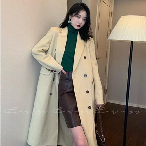Hstar Autumn Winter Simple Women Solid Woolen Coats Female Double Breasted Vintage Blazer Long Coats Lady Fashion Outerwears