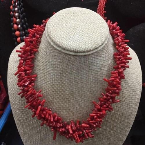 18" Natural Irregular Weave Red Coral Multi-Strands Chips Beads Necklace