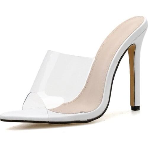 Clear Transparent PVC Open Toe Thin High Heels Woman Slippers Summer Sandals Sexy Nightclub Shoes Mules Femme 35-42