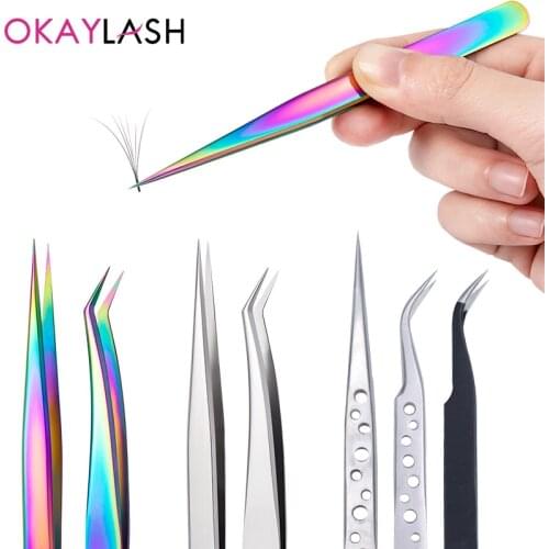 OKAYLASH Stainless Steel Tweezers for Eyelash Extension Anti-Static Precision Pliers Graft Perm Lashes Applicators Tools