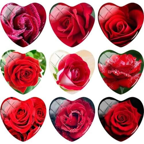 TAFREE Red Rose Flowers For LOVERS Heart Photo 25 mm 5 pcs Glass Cabochon Pattern Jewelry Making findings RS01