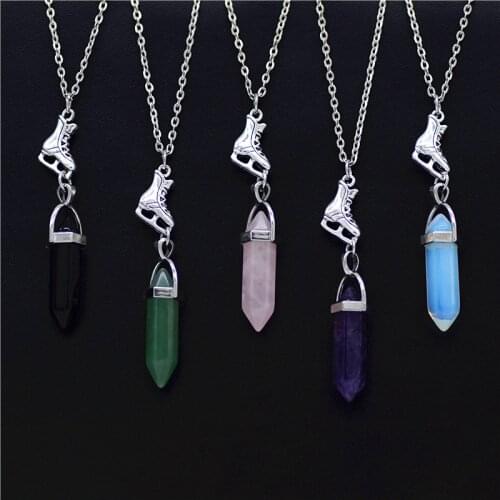 Handmade Silver Color Ice Skates Charm Natural Stone Quartz Crystal Pendant Necklace Vintage Skating Shoes Jewelry Birthday Gift