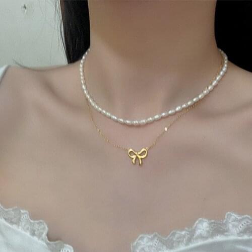 U-Magical French Vintage Irregular Circle Geometric Letter Bowknot Pendant Necklace for Women Hollow Metal Necklace Jewelry