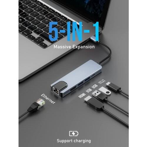5-in-1 USB C Hub 3.0 Splitter Type C Dock Multiport Adapter 4K HDMI RJ45 Ethernet Input Ports PD for MacBook Pro iPad xiaomi
