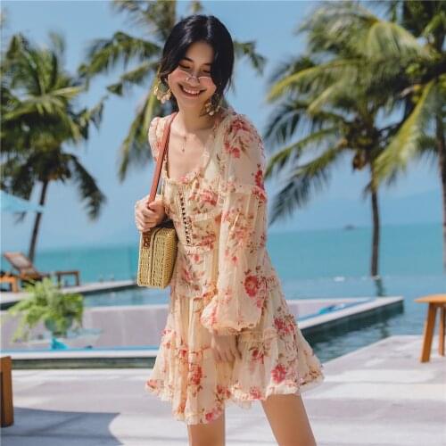 Vintage Ladies A-Line Dresses Lady Retro Palace Digital Chiffon Printed Lantern Sleeve Empire Holiday Women Dresses Beach Style
