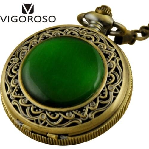 Top Quality Bronze Green Stone Inlay Skeleton Mechanical Pocket Watch Roman Dial Steampunk Hollow Cover Pocket Watch VIGOROSO