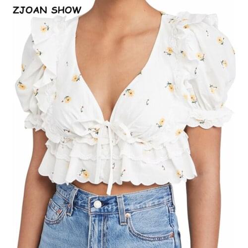 2021 Vintage :ace Spliced Ruffles Bandage White Sunflower Embroidery Shirt Women Puff Sleeve Cropped Blouse Girls Tops