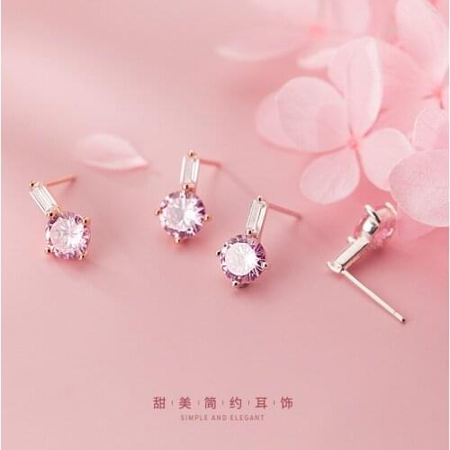 Womens Silver Color Pink Crystal Stud Earrings Round Cut AAA Cubic Zirconia Earrings Bridal Jewelry Birthday Party Gifts