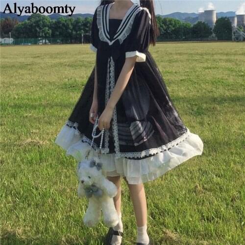 Japanese Lolita Style Spring Summer Women Dress Sailor Collar Bow Black Blue Tulle Dress Cute Kawaii Ruffles Mesh Party Dresses