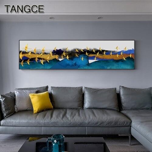 Abstract Golden Bird Blue Sea Clound Poster Big Poster Print Modern Wall Art Decor for Living Room Bedroom Gold Tableaux Cuadros