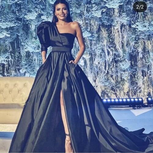 Satin prom dresses 2020 one shoulder side slit black evening dresses formal dresses arabic