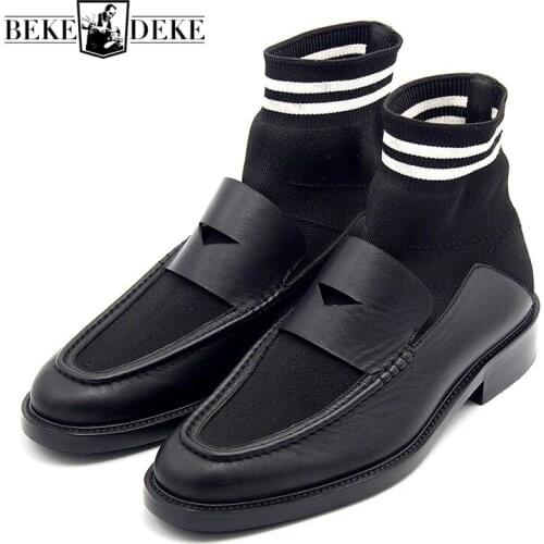 Autumn Winter New Socks Boots Men Slip On Stretch Knit Stitching Booties Man Cow Leather England Mens Footwear Mid Heel 3CM 45