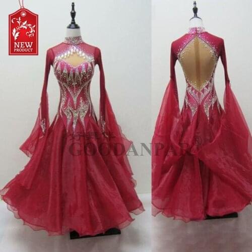 GOODANPAR Women New Red Lace Lycra Ballroom Dance Standard Dress Rhinestone Modern Waltz Competition Costume With Bra Leotard