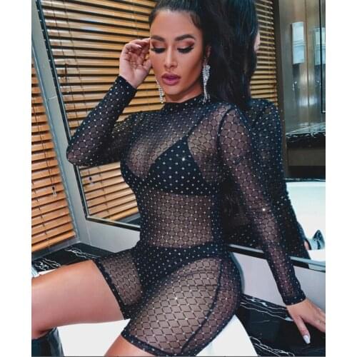 Women Mock Neck Sheer Mesh Romper Casual Tight Long Sleeve Strechy Slim Rompers for Spring Fall