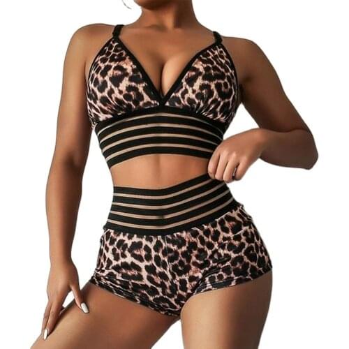 Two Pieces Set Swimsuits for Women Leopard Swimwear High Waisted Boy Short Bottoms V Neck Mesh Tops Bikini Swimming Bathing Suit
