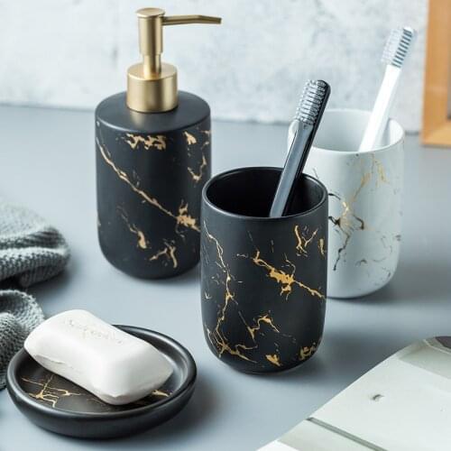 Light Luxury Ceramic Bathroom Accessories Set European Marble Soap Dispenser Pump Bottle Household Couple Mouthwash Cup Tool